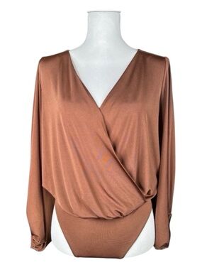 EXPRESS Mock Wrap Blousy Long Sleeve Bodysuit in Coppery Brown Color, Size S/P.